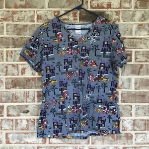 Disney Gray Micky Minnie Pluto Halloween Scrub Top